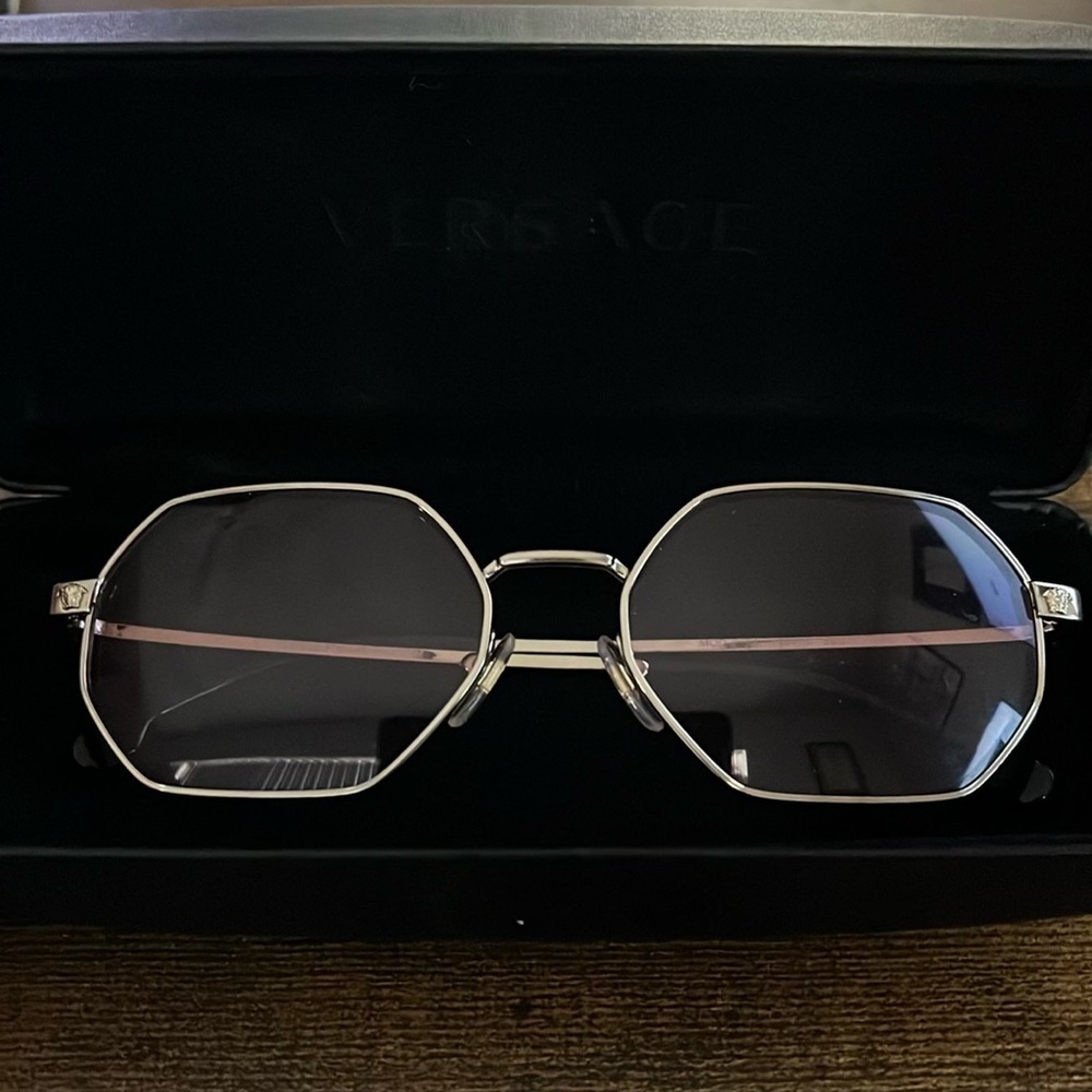 Versace Gold Hexagon Sunglasses with Pink Lenses and Case